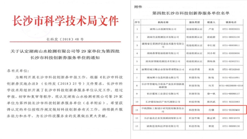 喜报：中机国际获认定为长沙市科技创新券服务单位